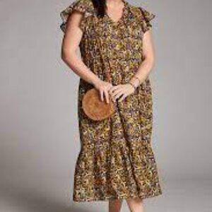 Othilia Anthropolgie Aleksia Ruffle Tie Neck Women 1XL Floral Autumn Maxi Dress